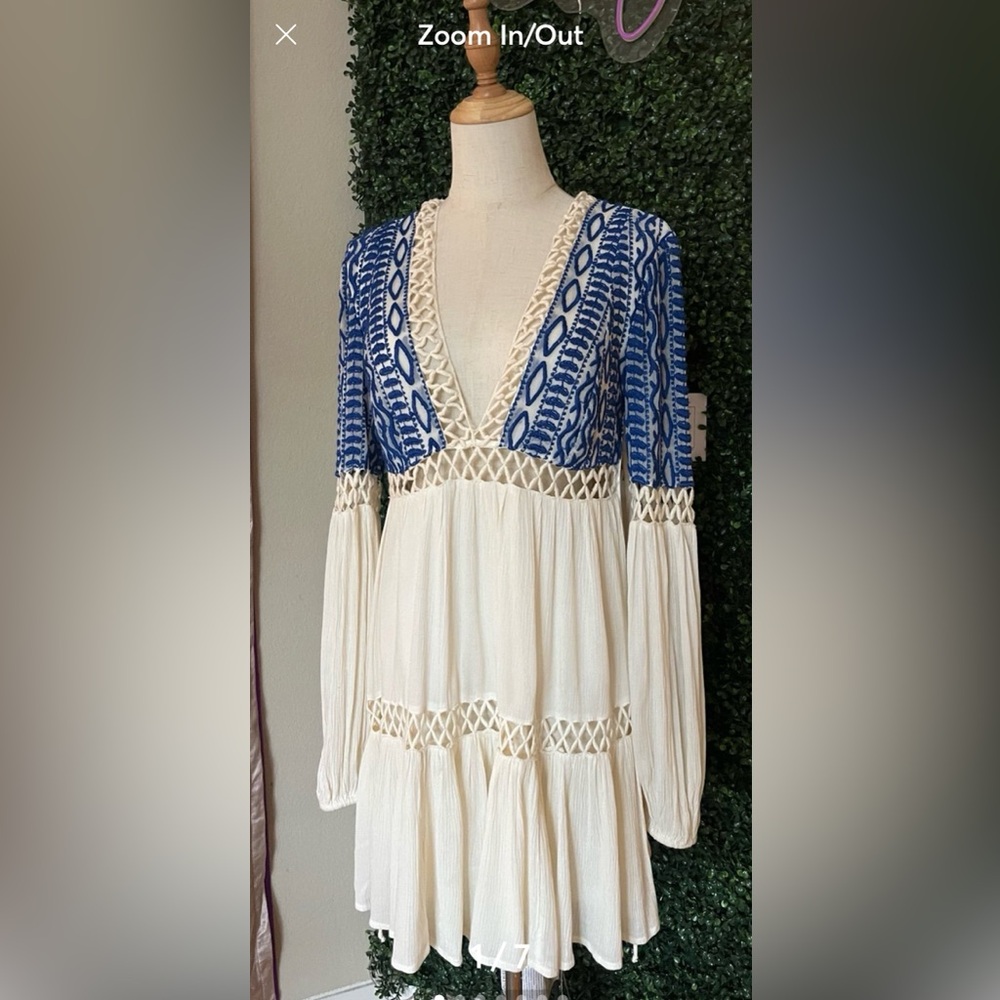 Free People Boho Blue and Cream Long Sleeve Dress/cover up